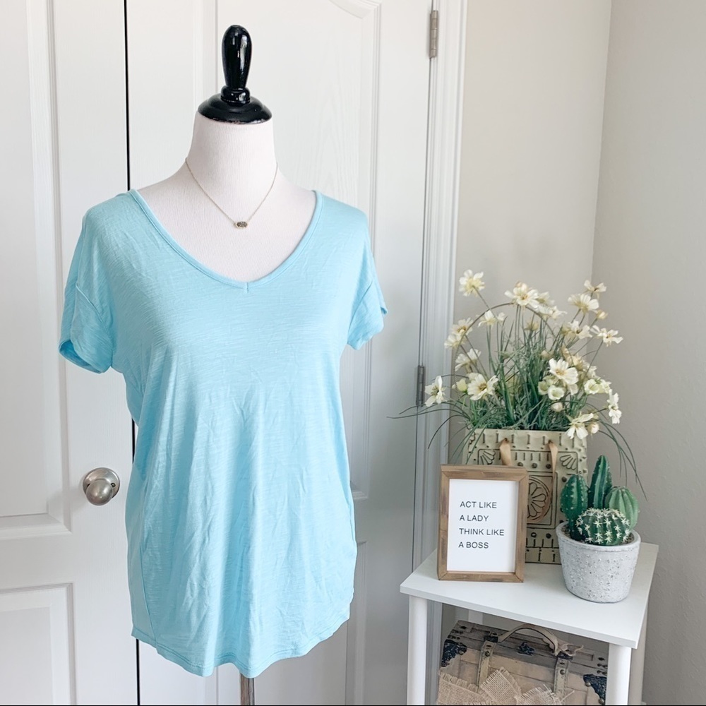 Calvin Klein Jeans Top Womens Small Blue Oversized V-Neck Short Sleeve Viscose